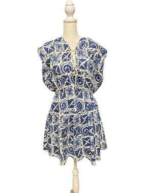H&M Blue White Print Tiered Dress Tie Front Cotton M